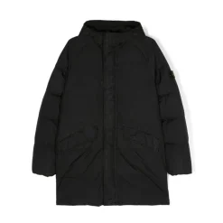 Manteau Junior Noir en Nylon avec Écusson Logo Amovible