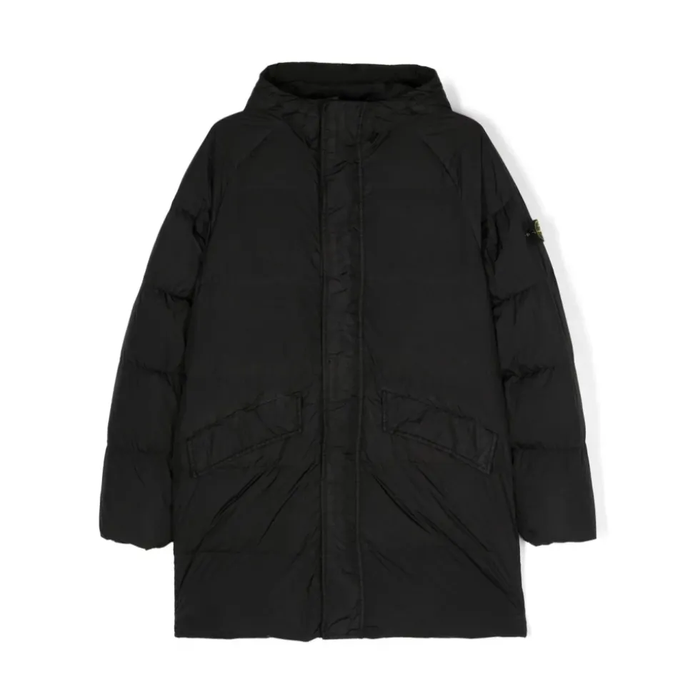 Manteau Junior Noir en Nylon avec Écusson Logo Amovible
