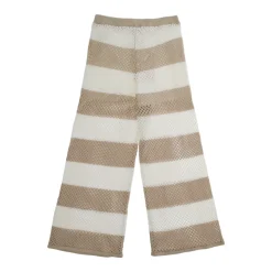 Pantalon beige à rayures en coton avec motif perforé