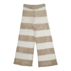 Pantalon beige à rayures en coton avec motif perforé