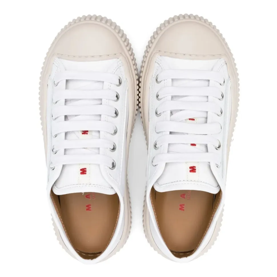 Sneakers Blancs en Cuir Bout Rond Semelle en Caoutchouc