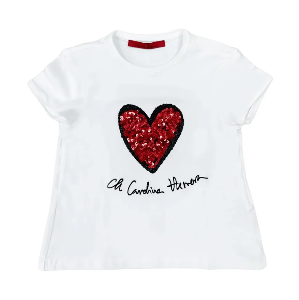 T-shirt Blanc en Coton avec Cœur à Sequins