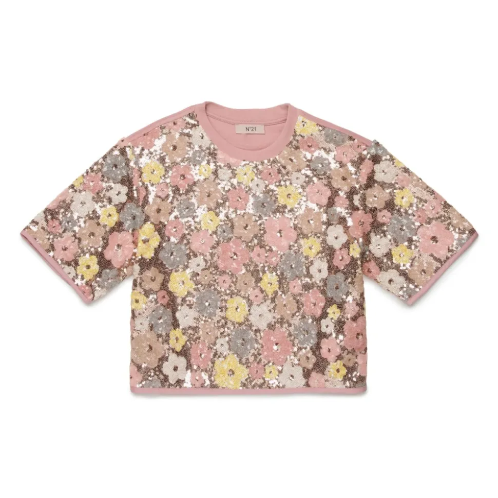 T-shirt floral orné de sequins